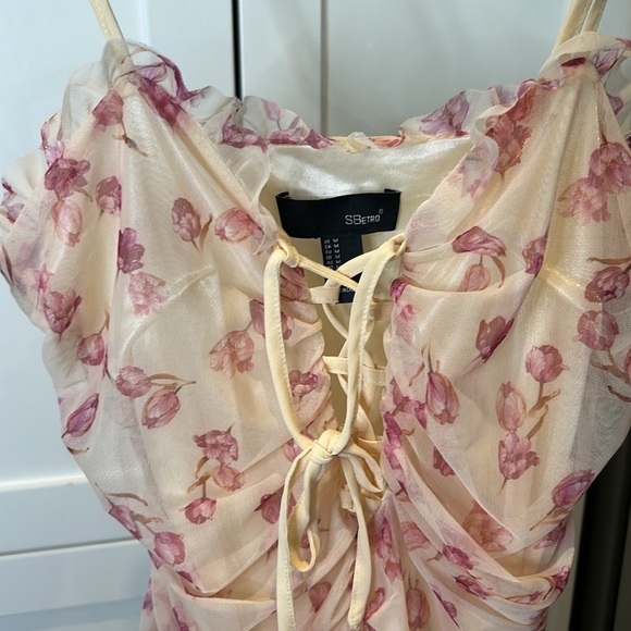 SBeteo Slip Lace Up Front Ruched Floral Mesh Mini Dress Women Size M - Picture 16 of 17